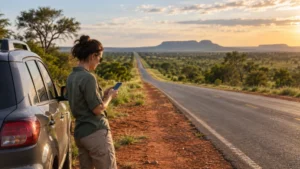 Traveller checking a smartphone beside a remote road in inland Paraguay