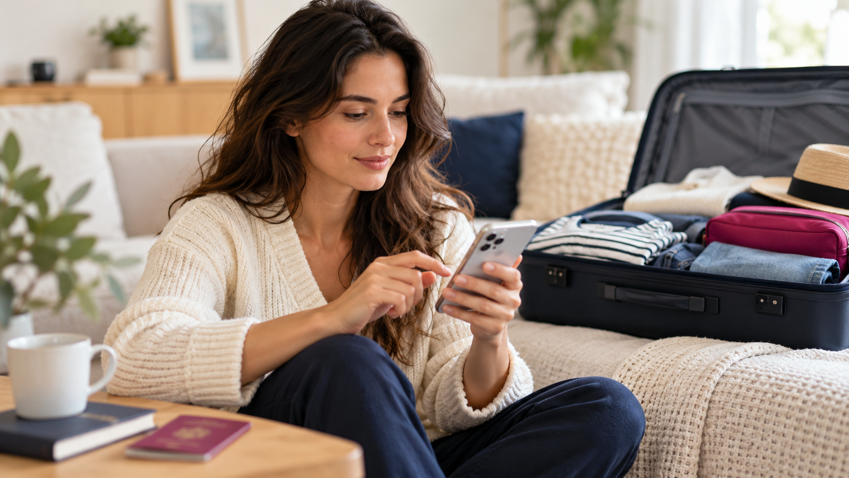 Woman preparing her smartphone at home beside an open suitcase.