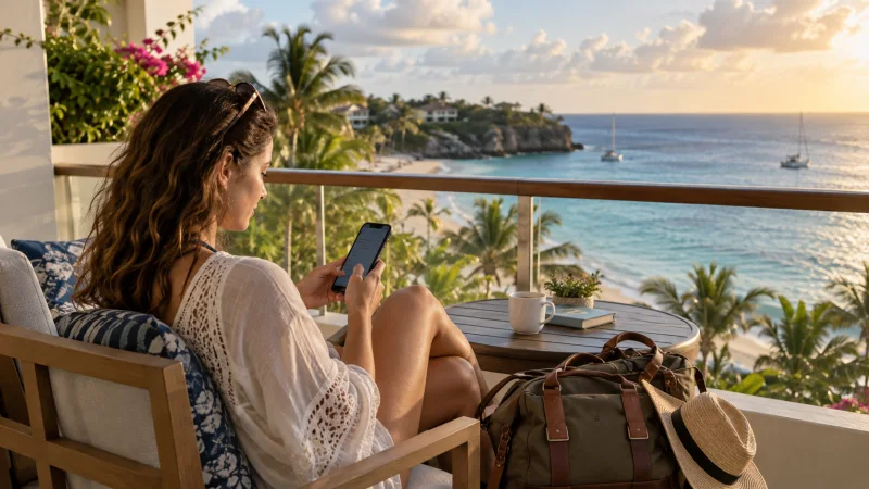 Traveller checking mobile data settings from a Barbados hotel balcony