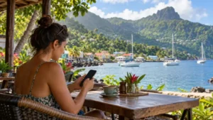 Traveller using a smartphone beside a bay in Saint Vincent and the Grenadines