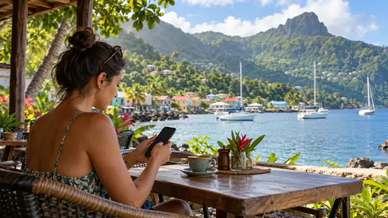 Traveller using a smartphone beside a bay in Saint Vincent and the Grenadines