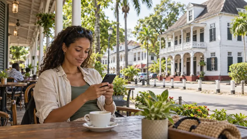 Traveller using a smartphone at a cafe terrace in Paramaribo, Suriname