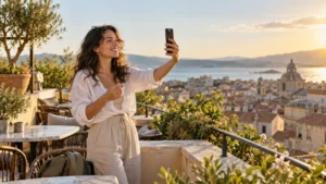 Traveller recording a smartphone video on a rooftop terrace overlooking a coastal city