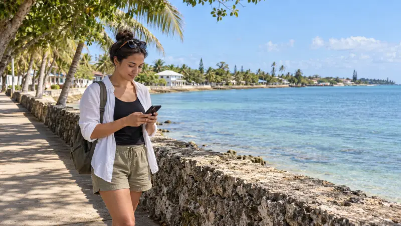 Traveller checking a smartphone on a coastal walkway in Tonga