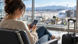 Traveller checking a smartphone in an airport departure lounge
