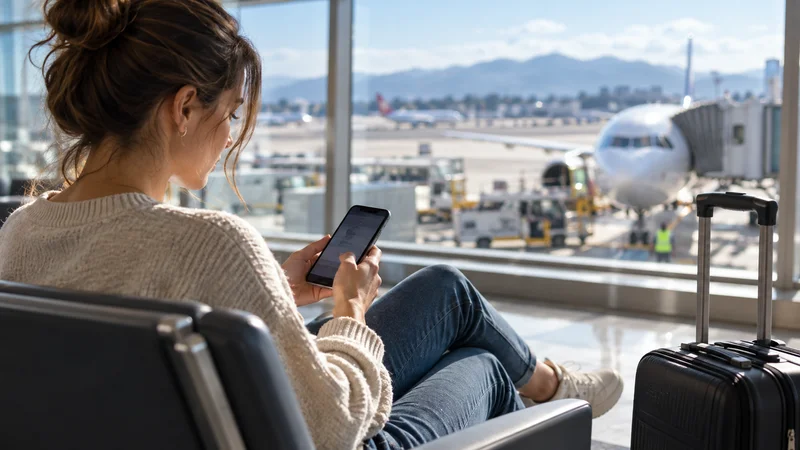 Traveller checking a smartphone in an airport departure lounge