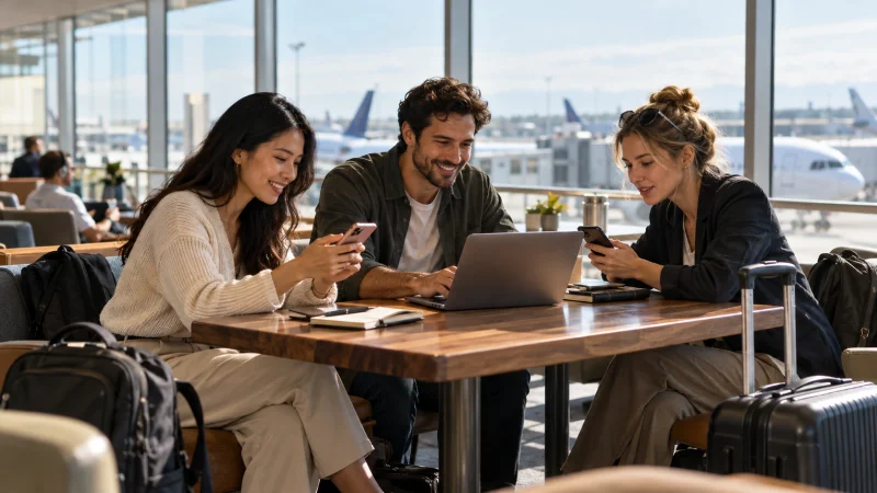 Three colleagues using smartphones and a laptop in an airport lounge