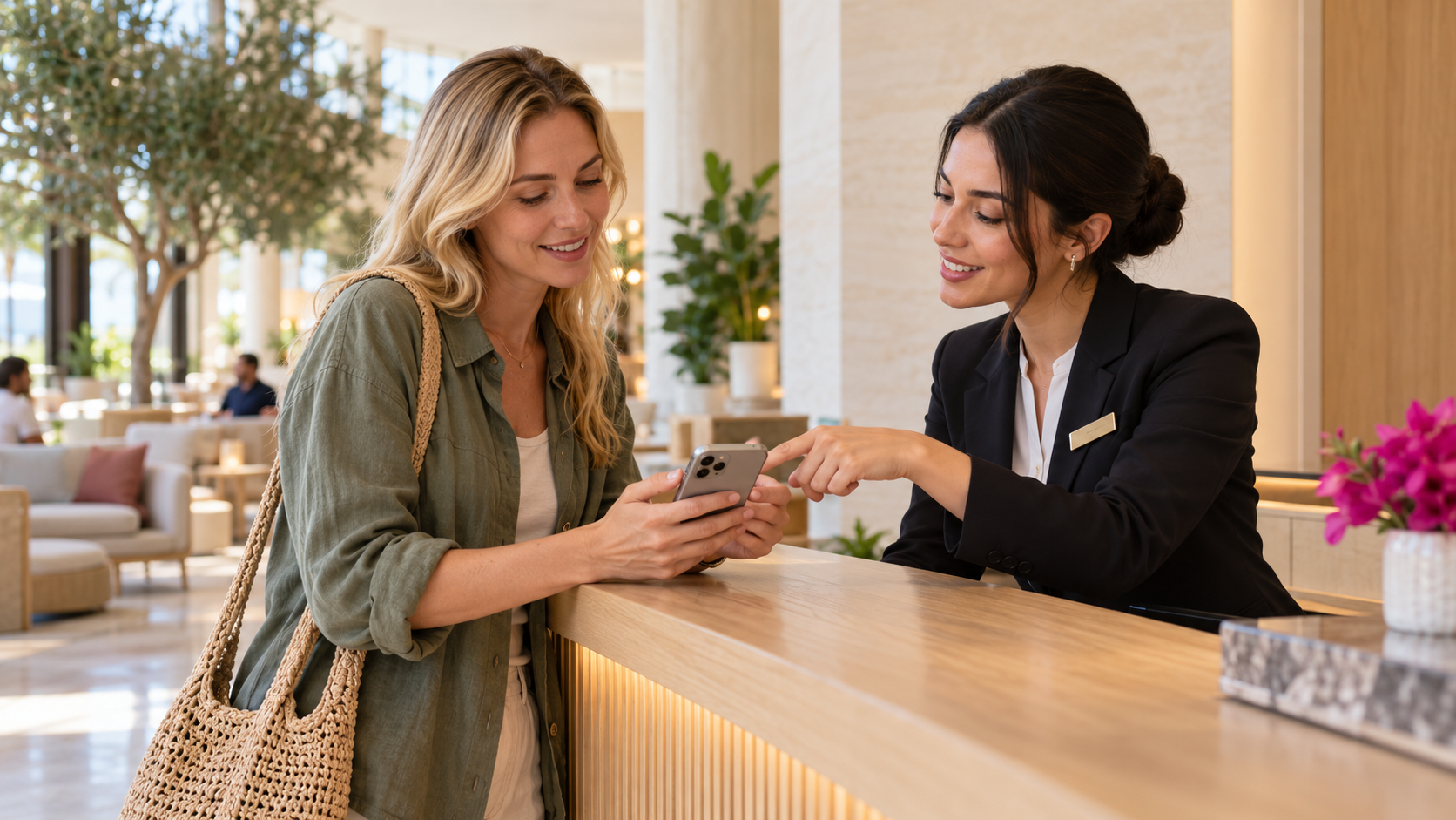 Traveler and hotel receptionist looking at a smartphone together at the reception desk.