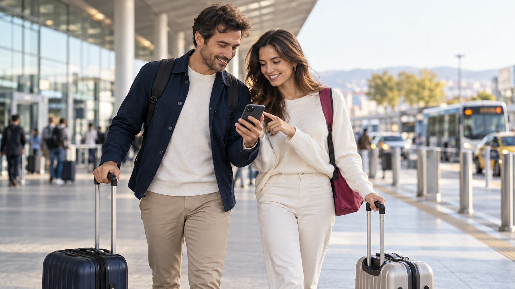 Couple using a smartphone outside an airport terminal with their luggage.