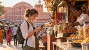 Traveller checking a smartphone beside a tea stall in Jaipur, India