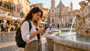 Traveller checking a smartphone beside a fountain in a European city square