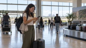 Traveller checking a smartphone in the arrivals hall at Asunción Airport