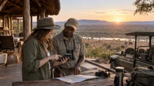 Traveller and safari guide planning a route at a lodge in Zambia