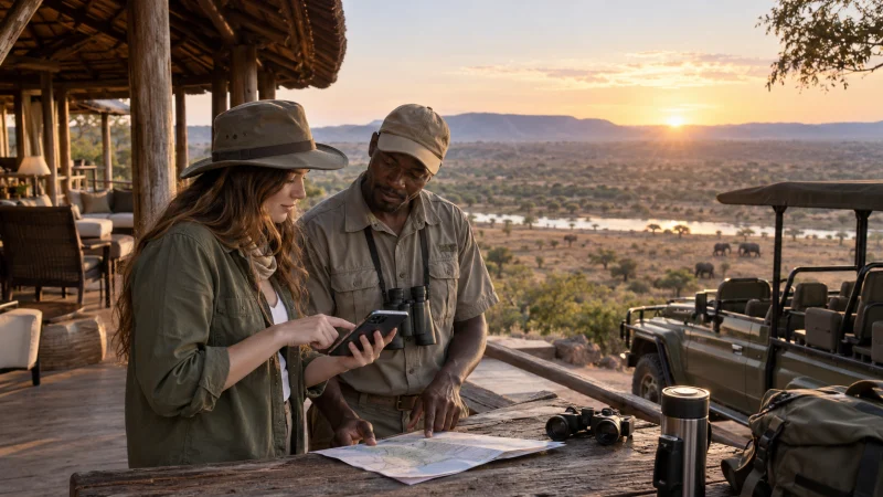 Traveller and safari guide planning a route at a lodge in Zambia